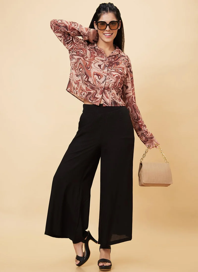 جلو باص بنطلون نسائي أسود واسع بخصر مرتفع